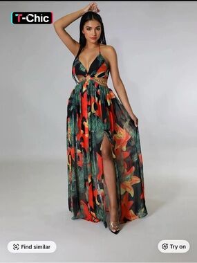 TikTok Viral Tropical Cutout Maxi Dress in Black & Orange